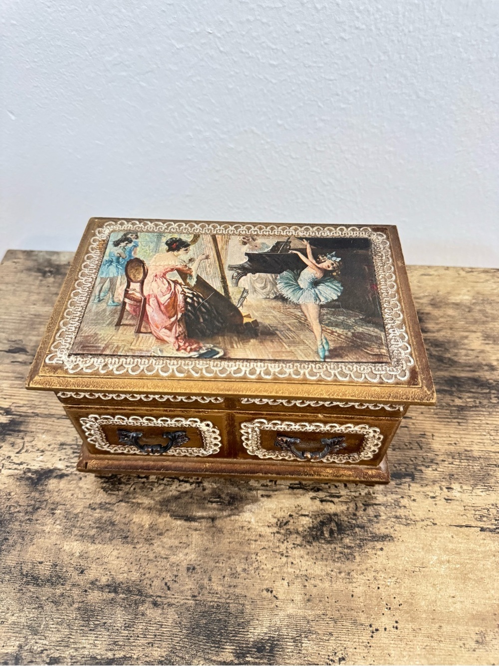 Wooden Ballerina Jewelry Box Mirror Lift-Out Tray Victorian Style - Picture 2 of 12